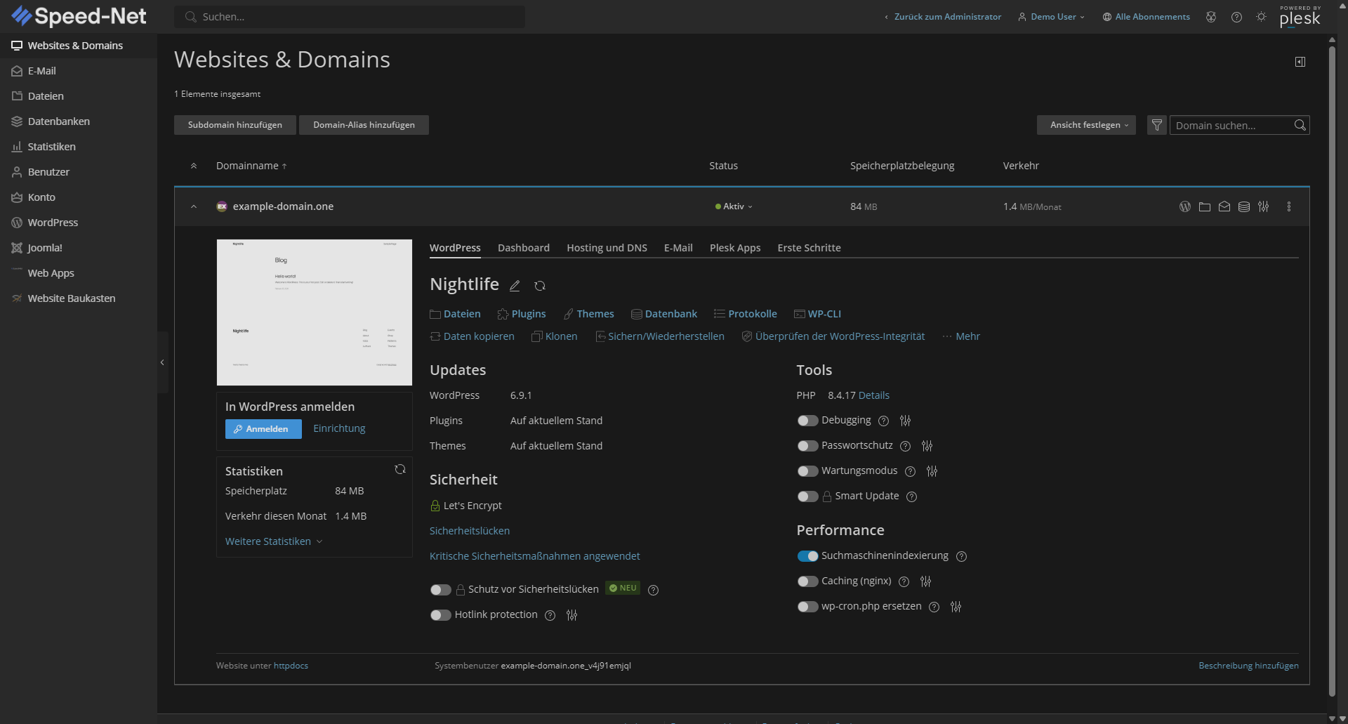 Plesk – Websites & Domains Dashboard